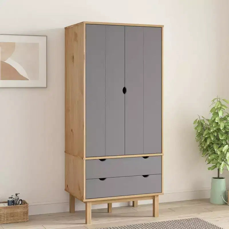 Armadio, Marrone e Grigio, Legno Massello di Pino, 76,4 cm L x 53 cm P x 172 cm H