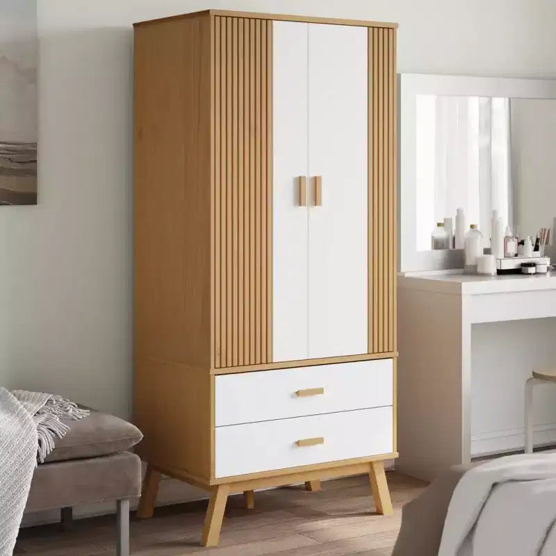 Armadio, Bianco e Marrone, Legno Massello di Pino, 76,5 cm L x 53 cm P x 172 cm A