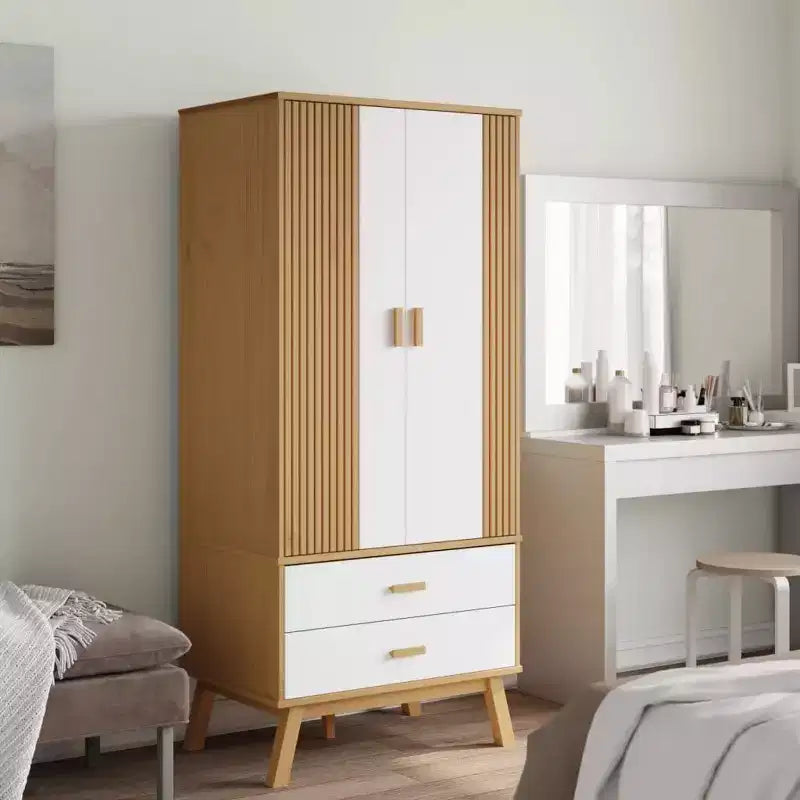 Armadio, Bianco e Marrone, Legno Massello di Pino, 76,5 cm L x 53 cm P x 172 cm A