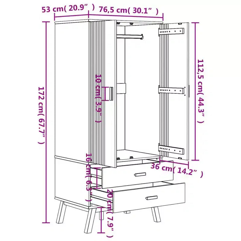 Armadio, Bianco e Marrone, Legno Massello di Pino, 76,5 cm L x 53 cm P x 172 cm A