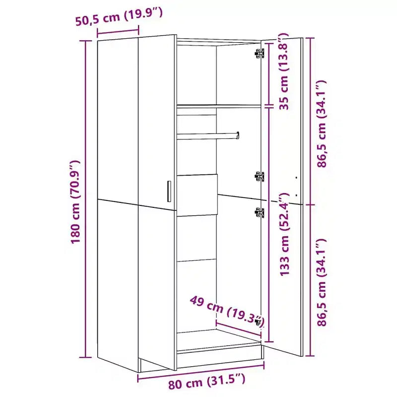 Armadio compatto, legno multistrato nero, rettangolare, 80 cm L x 50,6 cm P x 180 cm H