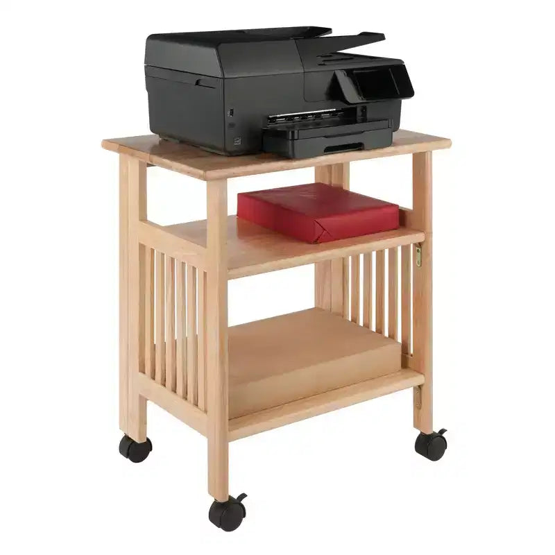 Supporto Pieghevole per Stampante con Ripiani e Ruote, Legno Massello Naturale, Home Office