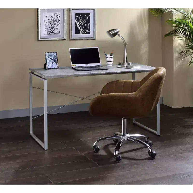 Scrivania da ufficio in finto cemento da 47" con struttura in metallo e superficie impiallacciata, stile industriale