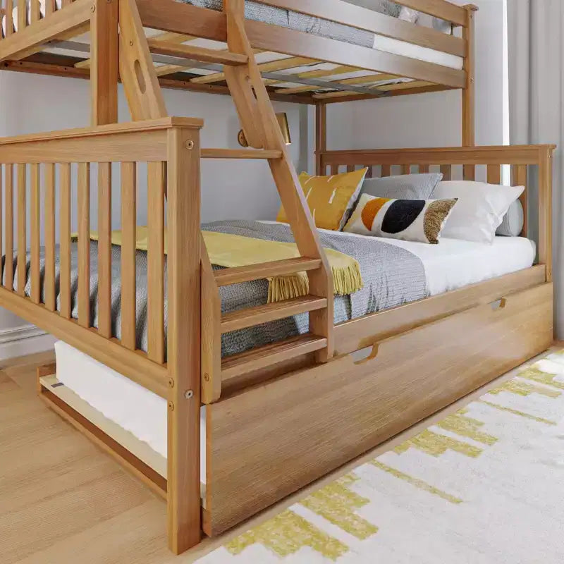 Letto a castello in legno massello, una piazza e mezza con letto estraibile e scaletta, per bambini