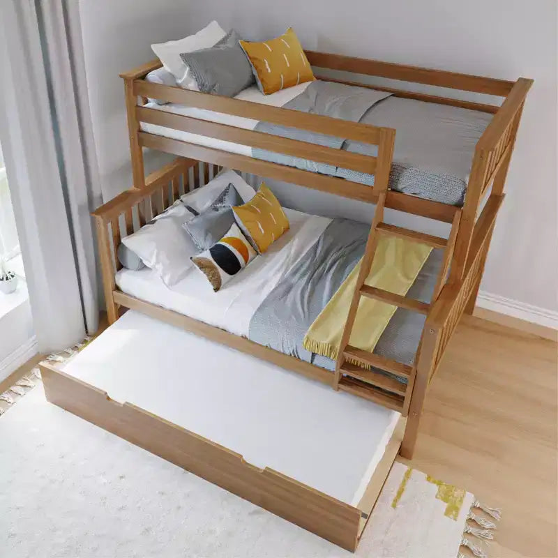 Letto a castello in legno massello, una piazza e mezza con letto estraibile e scaletta, per bambini