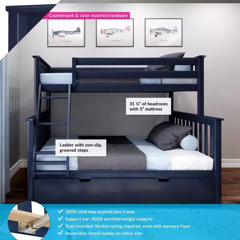 Letto a castello in legno massello, una piazza e mezza con letto estraibile e scaletta, per bambini