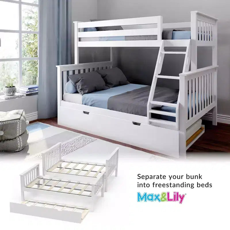 Letto a castello in legno massello, una piazza e mezza con letto estraibile e scaletta, per bambini