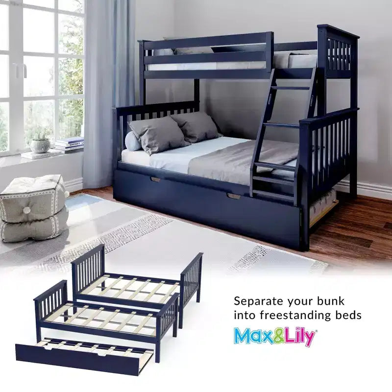 Letto a castello in legno massello, una piazza e mezza con letto estraibile e scaletta, per bambini