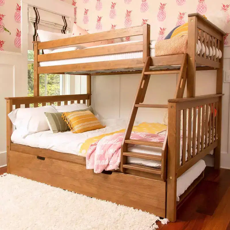 Letto a castello in legno massello, una piazza e mezza con letto estraibile e scaletta, per bambini