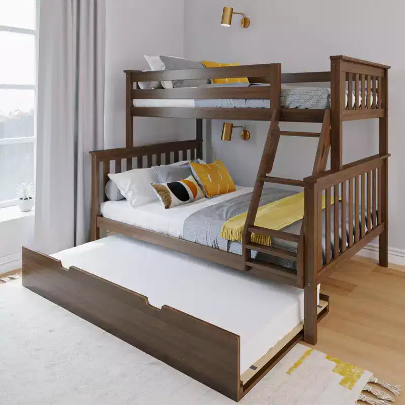 Letto a castello in legno massello, una piazza e mezza con letto estraibile e scaletta, per bambini