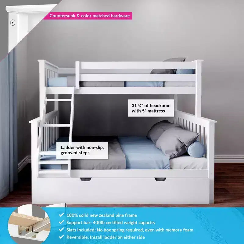Letto a castello in legno massello, una piazza e mezza con letto estraibile e scaletta, per bambini