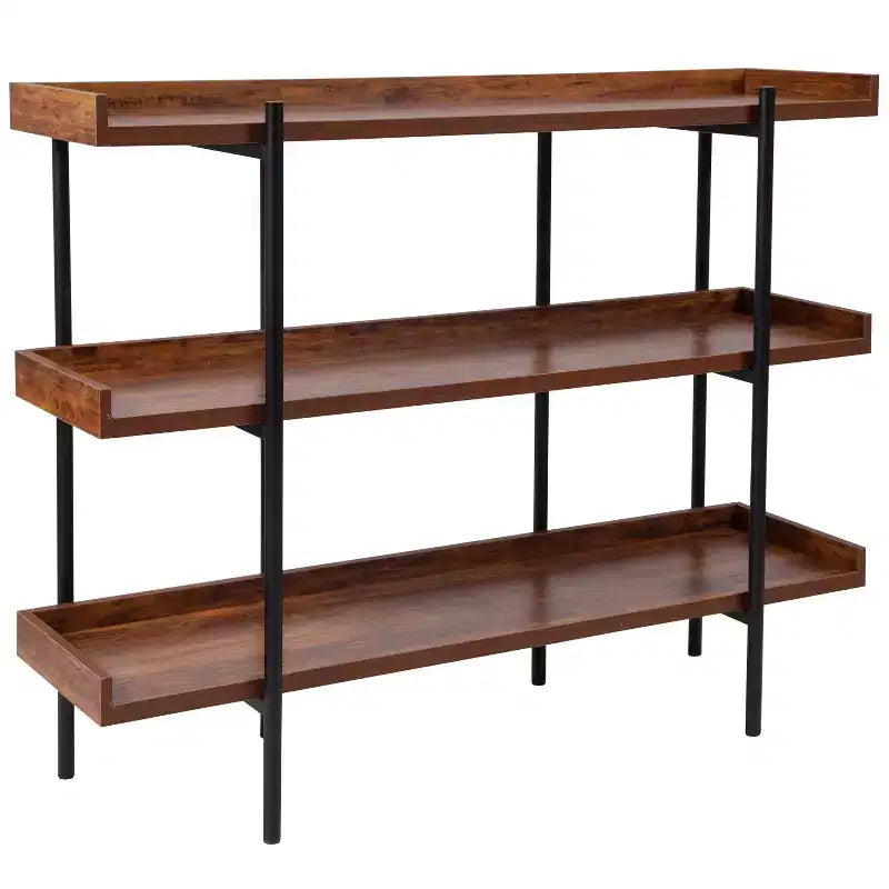 Libreria Espositiva a 3 Ripiani da 89 cm con Struttura in Metallo Nero, Finitura Effetto Legno Rustico