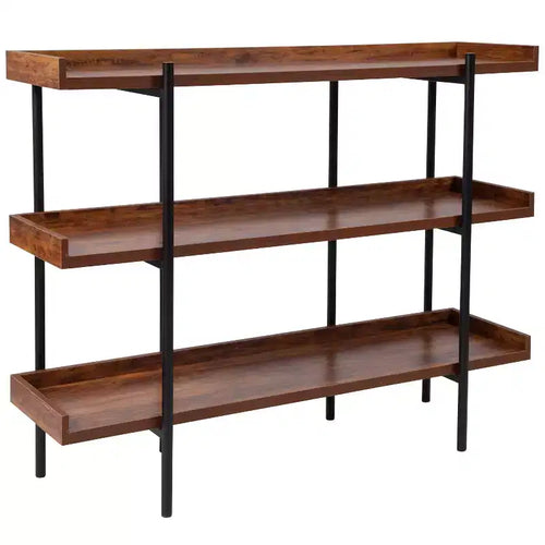 Libreria Espositiva a 3 Ripiani da 89 cm con Struttura in Metallo Nero, Finitura Effetto Legno Rustico