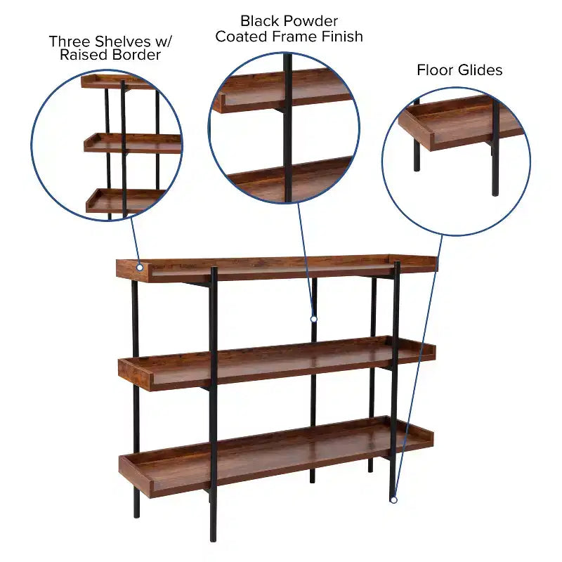Libreria Espositiva a 3 Ripiani da 89 cm con Struttura in Metallo Nero, Finitura Effetto Legno Rustico