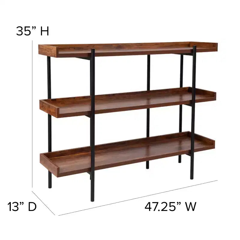Libreria Espositiva a 3 Ripiani da 89 cm con Struttura in Metallo Nero, Finitura Effetto Legno Rustico