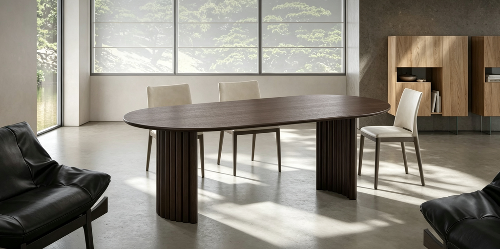 Tavolo da Pranzo Ovale da 79" per 6-8 persone, Piano con Bordo a Arco e Base a Strisce, Modern Farmhouse, Noce